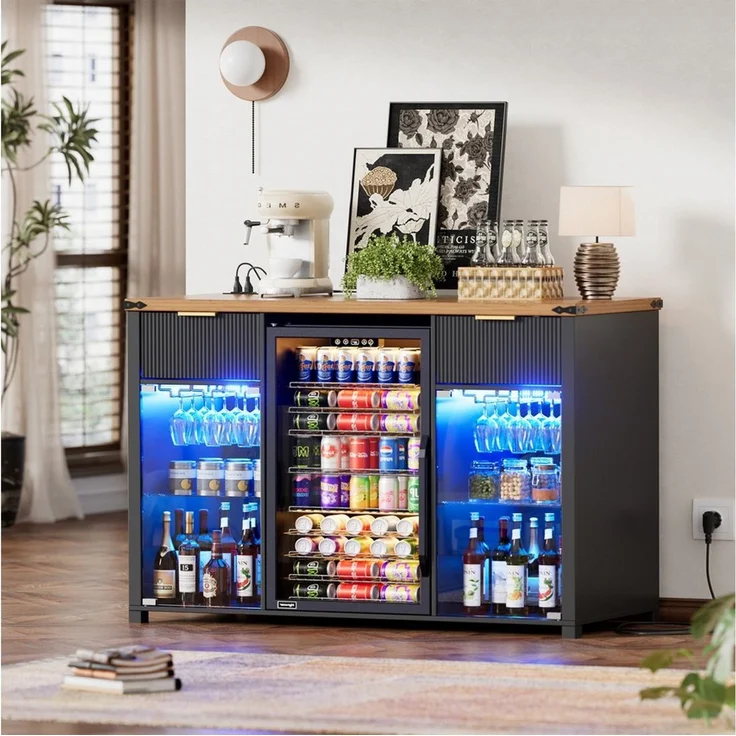 PEALOV Barschrank 3-in-1 Barschrank mit LED, Weinregal und Steckdosen, 135 x 50 x 98 cm (1-St) Buffetschrank mit Stauraum für Mini-Kühlschrank, Küche & Wohnzimmer – Bild 4