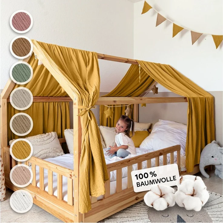 lilimaus Betthimmel Hausbett Himmel Gold aus Musselin - 2er-Set für Kinderbett (1-tlg), 2 Stoffbahnen mit feinen Goldapplikationen - schnell montiert – Bild 1