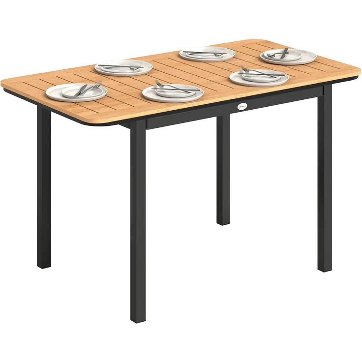 Rechteckiger Gartentisch für 6 Personen aus Verbundholz mit Metallgestell und Lattenplatte, 127 x 70 cm, braun