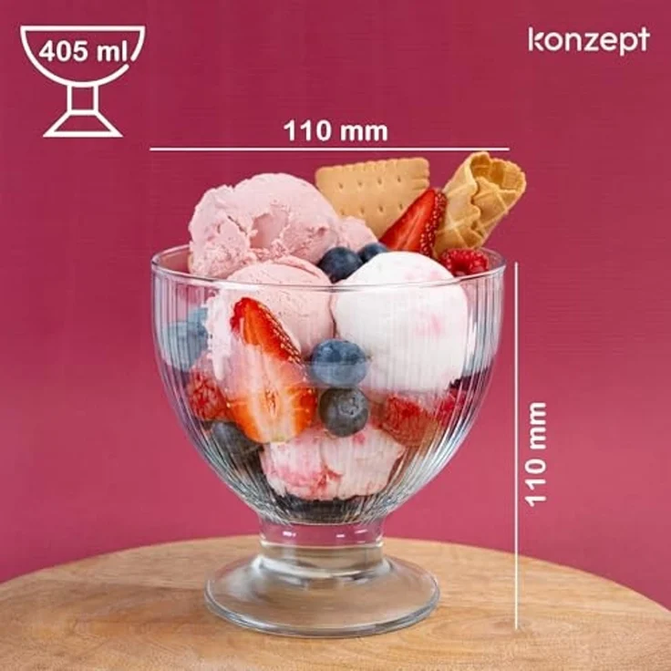 KONZEPT Eisschale Eisbecher Glas Set, Glasschale mit Fuß 405 ml, Glas Geriffelt für Eis, (4-tlg), Perfekt für Schichtdessert, Candy Bar Zubehör – Bild 2