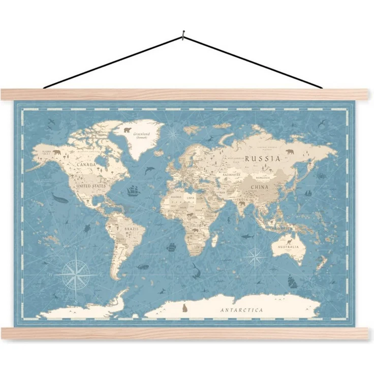 MuchoWow Poster Weltkarte - Vintage - Blau, (1 St), Posterleiste, Textilposter für Wohnzimmer, Bilderleiste, 60x40 cm – Bild 1