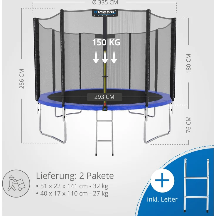 KINETIC SPORTS Trampolin Outdoor SALTO - Kindertrampolin Gartentrampolin Set mit Leiter, Netz, Randpolster, USA Sprungtuch, bis zu 160kg, Blau-4, Ø 335 cm – Bild 7