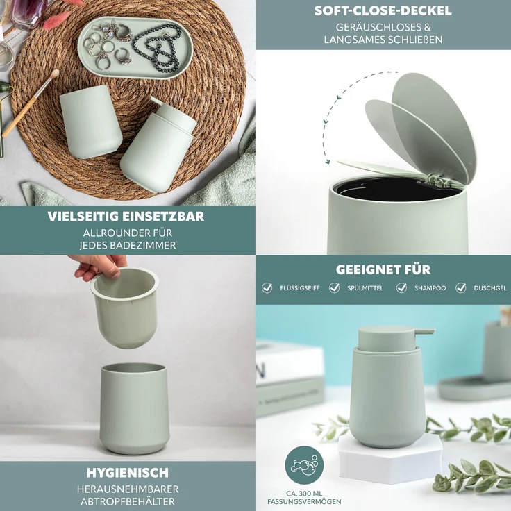 Bad-Accessoires Set TESERO 5tlg. bestehend aus 1x Seifenspender, 1x Becher, 1x Schale, 1x WC-Garnitur, 1x Kosmetikeimer aus Kunststoff in Salbei – Bild 6