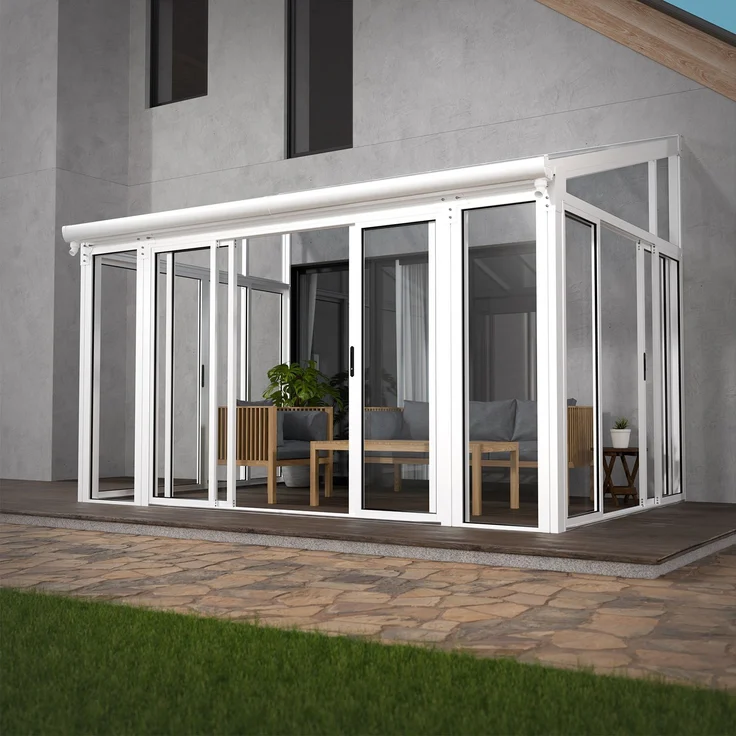 Juskys Wintergarten 12 m² - mit kristallklaren Wänden, Doppel-Schiebetüren & UV-Schutz - wasserdicht & winterfeste Überdachung aus Aluminium - Weiß – Bild 1