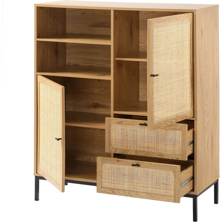 Casâme 'JAYA' Hohe Buffetschrank mit Rattanfronten - L100 x H120 cm - Helles Holz – Bild 6