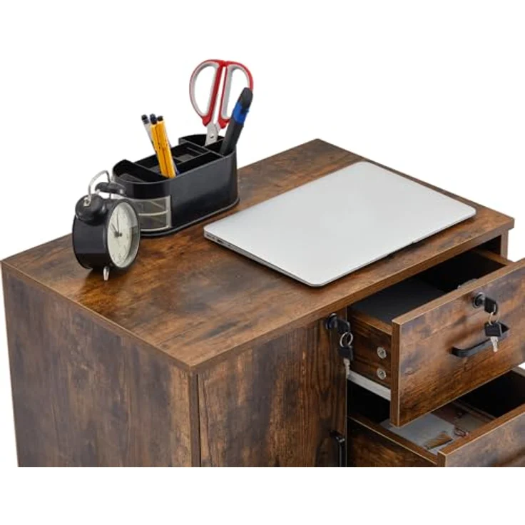TUKAILAI Rollcontainer Aktenschrank aus Holz, Abschließbar Büroschrank mit 3 Schubladen und Tür, Mobiler Schreibtisch Unterschrank mit 4 Rollen für Büro Arbeitszimmer Wohnzimmer, 40×60×57 cm, Braun – Bild 6