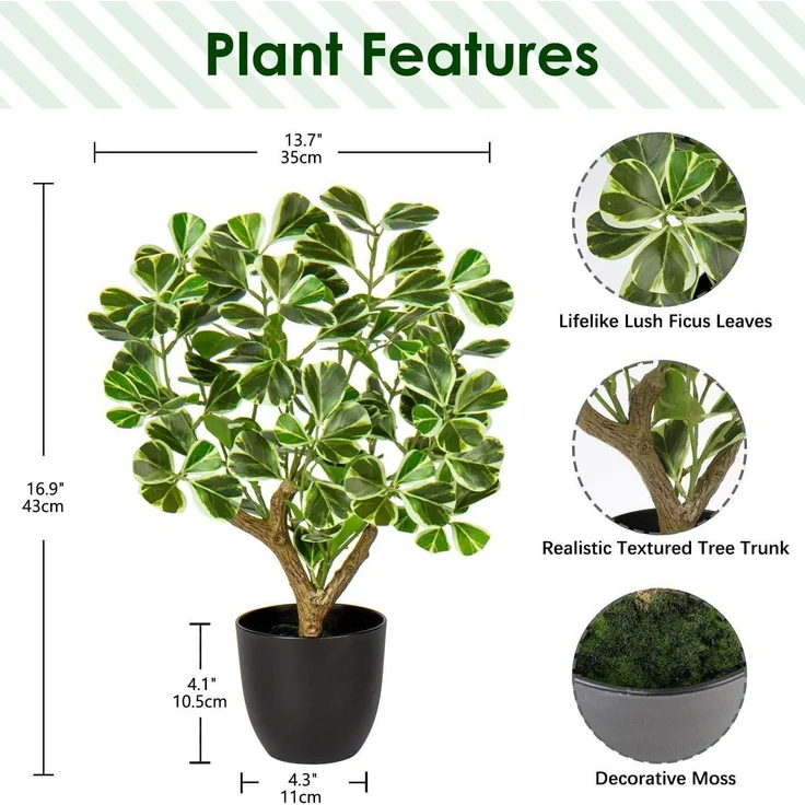 Kunstpflanze Ficus 43CM Schwarzem Topf Deko Fensterbank Bad Wohnzimmer – Bild 2