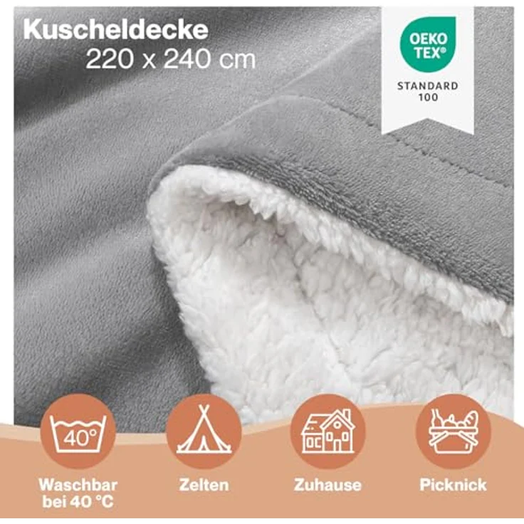 Blumtal Premium Sherpa Kuscheldecke 220x240 cm - warme Decke Oeko-TEX® zertifizierte Dicke Sofadecke, Tagesdecke oder Wohnzimmerdecke, Grau – Bild 3