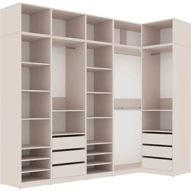 Marmex Möbel Tres Set-U/N Hohes offenes Schranksystem, geräumige Einbauschränke, Eckkleiderschrank-Sets mit Regalen und Kleiderstangen, laminierte Spanplatte, graubeige cashmere 260/101x246x51 cm