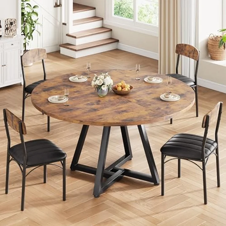 Esstisch Runder und 4 Esszimmerstühle Set, Essgruppe 5-Teilig, Küchentisch mit stabilem Metallgestell und 4 stühle, platzsparender Esszimmertisch aus Holz im Industrial Design (Vintage Braun, 120cm) – Bild 2