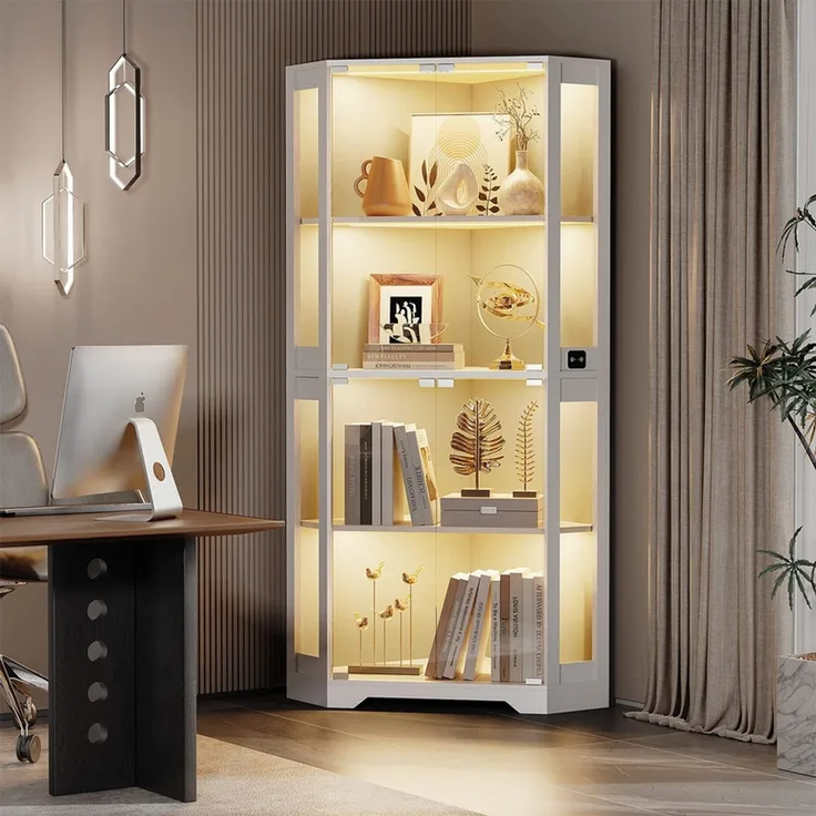 Eckvitrine 60x165x60 cm, Curio-Schrank mit 4 Regalböden, LED-Beleuchtung und Körpersensor, Weiß