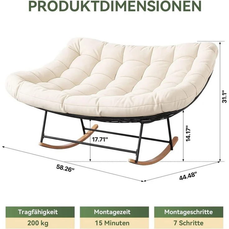 AOXUN Schaukelstuhl XXL Doppelschaukelstuhl für Innen & Außen, bis 200 kg belastbar (1 St), Ergonomischer Groß-Sitz mit dicker PP-Polsterung, einfache Montage – Bild 2