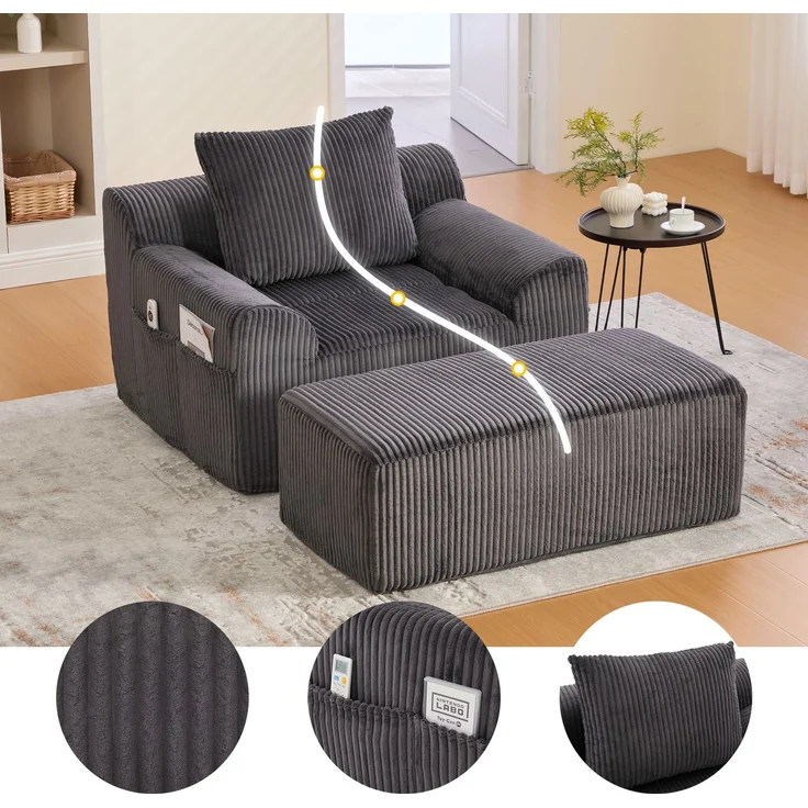 Sessel 147x110x67 cm Kordsamt Dunkelgrau mit Fußpedal und Seitentaschen, übergroßer gepolsterter Lesesessel – Bild 7