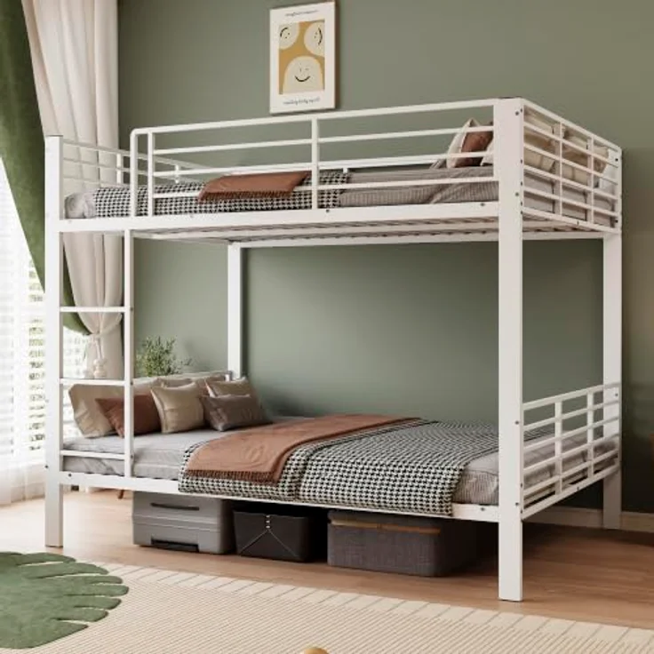 FAVSH Etagenbett 140x200 cm aus Metall, Hochbett mit Rausfallschutz und Leiter, Geräuscharmes Doppelbett, rutschfest, für Jugendliche und Erwachsene, WG & Ferienwohnung, Weiß A – Bild 1