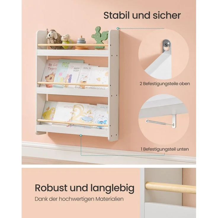 SONGMICS Bücherregal Kinder, Kinderregal mit 3 Ebenen, Spielzeugregal, Wandregal, für Kinderzimmer, Spielzimmer, weiß-naturfarben – Bild 2