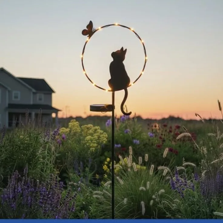 Maximex LED Gartenleuchte Modell Katze und Schmetterling, Ein-/Ausschalter, LED fest integriert, Warmweiß, solarbetriebener Gartenstecker, leuchtet bis zu 8 Stunden