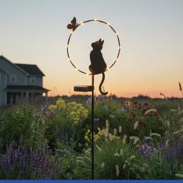 Maximex LED Gartenleuchte Modell Katze und Schmetterling, Ein-/Ausschalter, LED fest integriert, Warmweiß, solarbetriebener Gartenstecker, leuchtet bis zu 8 Stunden – Bild 1