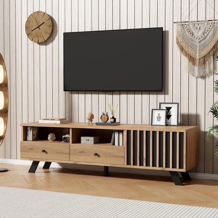 TV-Schrank 150 cm mit Holzmaserung in Natur & Schwarz – Fernsehschrank mit 2 Schubladen, 1 Schrank & offenen Fächern – Bild 1
