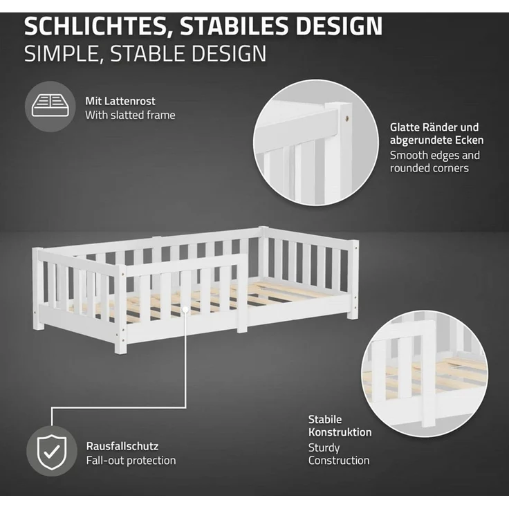 ML-DESIGN Spielbett Bodenbett Holzbett mit Lattenrost & Rausfallschutz Jugendbett Babybett, Abenteuerbett 70x140cm Weiß Kinderbett Bettgestell ohne Matratze – Bild 3