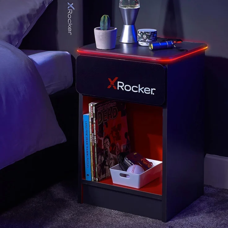X Rocker Carbon-Tek Gaming Nachttisch mit LED-Beleuchtung & Wireless Charging Ladepad - grau/rot – Bild 1