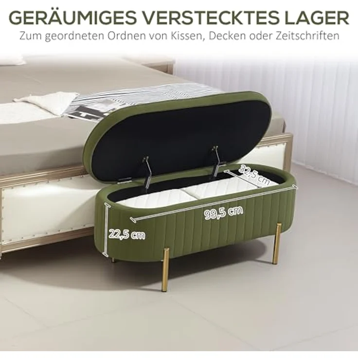 HOMCOM Sitzbank mit Stauraum Polsterbank mit Klappdeckel, Samtoptik (Sitztruhe, 1-St, Truhenbank), für Flur, Wohnzimmer, Schlafzimmer 108 x 44 x 43,5 cm, Grün – Bild 7