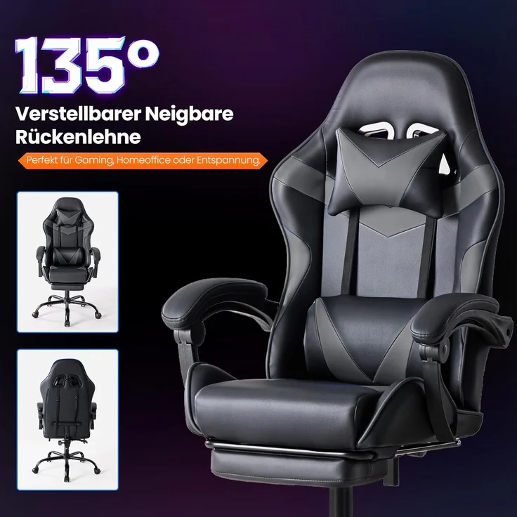 Sweetcrispy Gaming Stuhl, Gaming Chair mit Fußstütze Kopfstütze Lendenwirbelstütze, Ergonomischer PC Stuhl, Höhenverstellbarer Bürostuhl Computerstuhl, Gamer Stuhl, Drehbarer Schreibtischstuhl, Grau – Bild 5