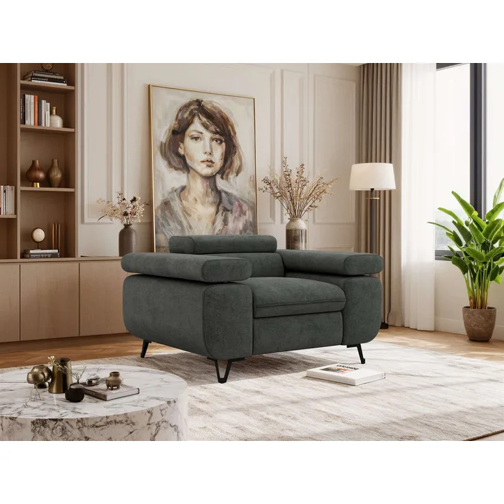 Einzelsessel, Polstersessel PETER mit verstellbaren Armlehnen und Kopfstütze, 1-Sitzer Sofa, Ohrensessel, Wellenfeder - Dunkelgrau Struktur