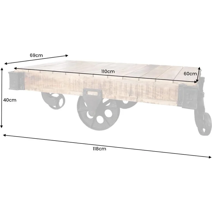 riess-ambiente Couchtisch RAILWAY 120cm natur / schwarz, Wohnzimmer · Massivholz · Metall · auf Rädern · Industrial – Bild 3