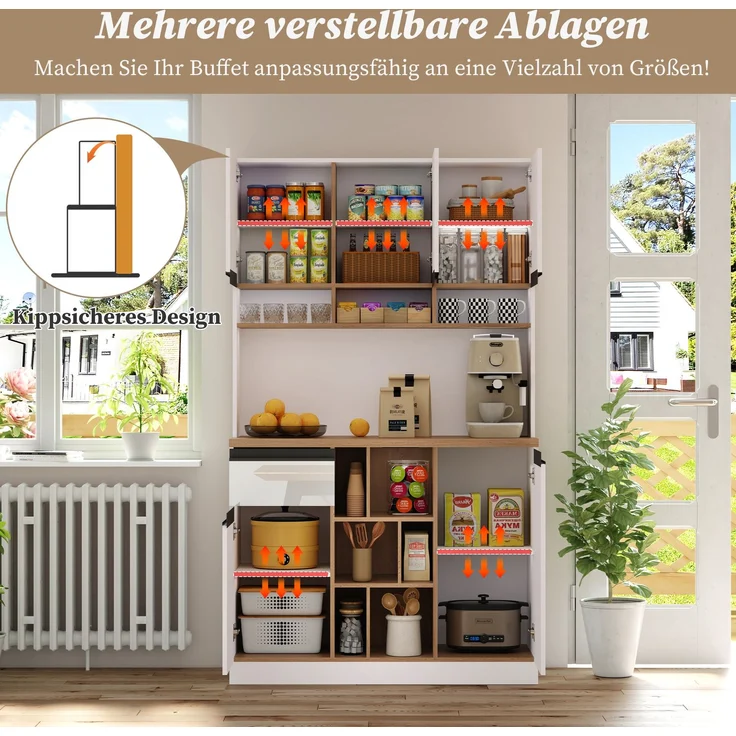 105×45×185 cm,weißer moderner Küchenschrank,Buffet,Sideboard,Hochglanztüren,Metallgriffe,verstellbare Regale,Schubladen,offener Stauraum,Kippschutz,geeignet für Küche,Esszimmer und Wohnzimmer – Bild 4