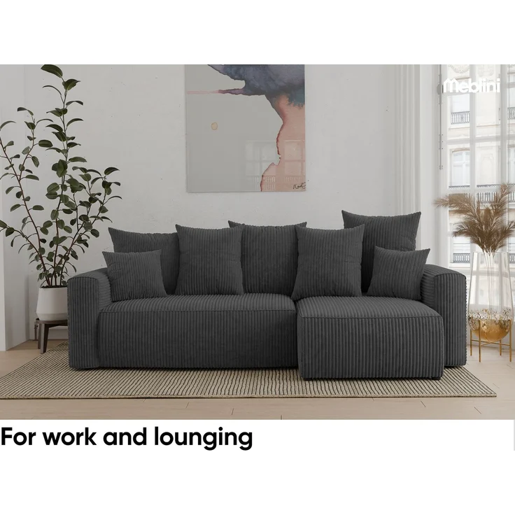MEBLINI Schlafcouch mit Bettkasten - 238x142x73cm - Dunkelgrau Cordstoff - SOLARIS - Kleines Ecksofa mit Schlaffunktion - Sofa mit Relaxfunktion und Kissen - Kleine Couch L-Form - Eckcouch – Bild 3