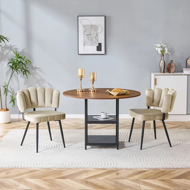 Esstischgruppe H 75 x T 107 x B 107 cm in Nussbaum-Optik mit 2 Stoffstühlen und doppelter Ablage