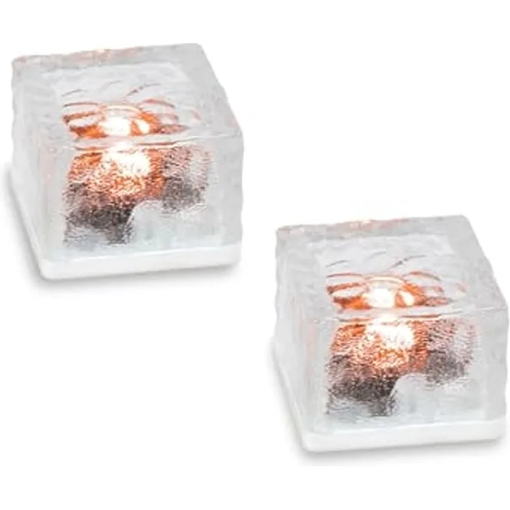 esotec LED Solarleuchte 2er Set Leuchtsteine 7 x 7 x 5 cm 10mm-Glas 1800k bernstein-LEDs 103313, LED fest integriert