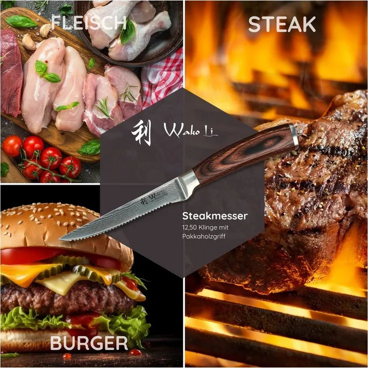 Wakoli Steakmesser EDIB 4er Set Damast Steakmesser 12,5 cm Klingen Geschenk-Holzbox