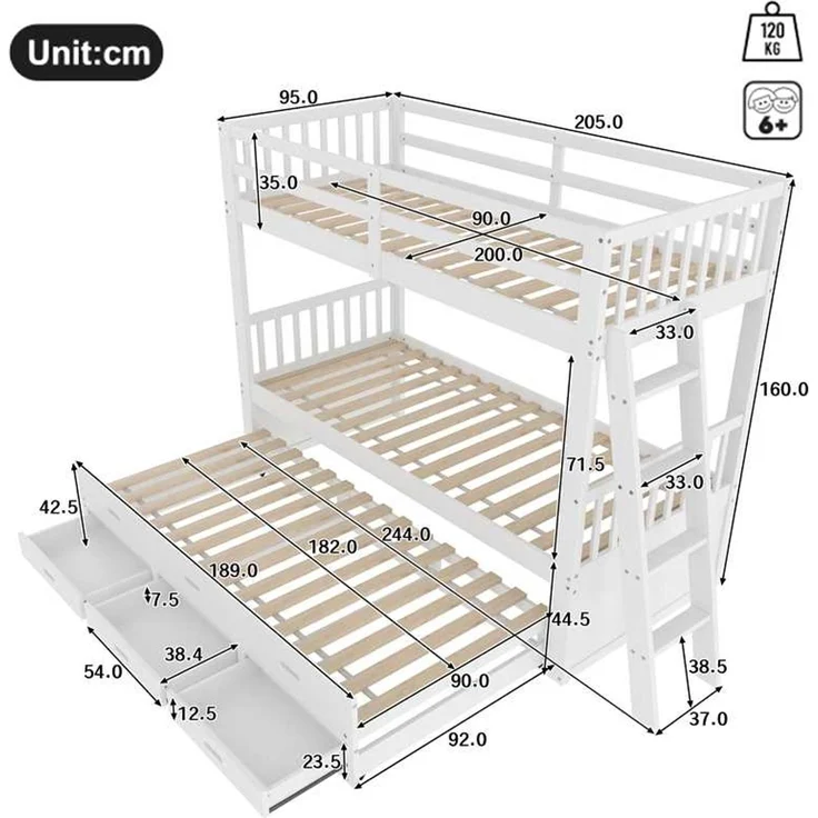 Etagenbett 90x200 cm mit Ausziehbett, 3 Schubladen, Kinderbett aus Kiefernholz und MDF, mit Treppe,Weiß – Bild 6