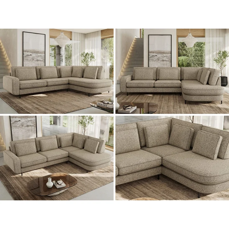 CALENO L-Form Ecksofa 317x225 cm, Massivholz-Rahmen & Wellenfedern, Sitzhöhe 51 cm, modernes Polstersofa rückenecht bezogen & freistehend - Dunkelbeige Strukture - Rechts Seite – Bild 2