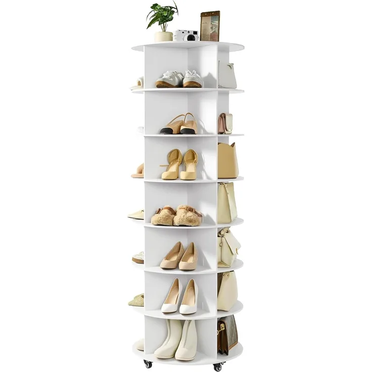 VEVOR Schuhregal Schuhschrank für 28 Paar Schuhe (7-stöckig) 360° drehbar, Schuhaufbewahrung mit Rollen, Schuhablage für Schlafzimmer Wohnzimmer Eingangsbereich, Weiß 598 x 598 x 1670 mm