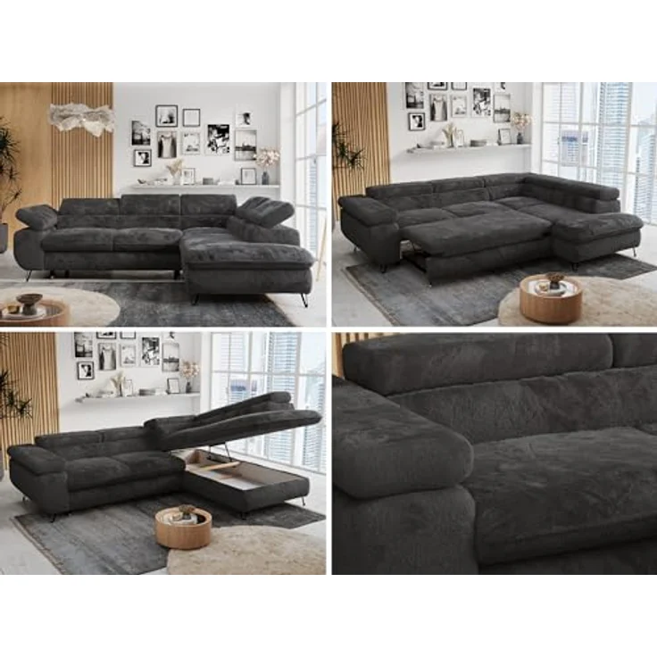 Ecksofa mit Bettfunktion, Modern Sofa, L-form, Einstellbare Kopfstützen, Bettkasten - PETER - Dunkelgrau Plüsch - rechts – Bild 2