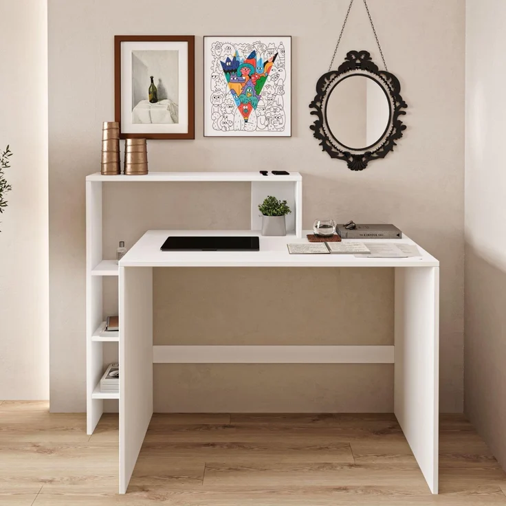 Moderner Schreibtisch, Weiß, 121,8 x 96 x 55 cm | 100% melaminbeschichtete Spanplatte, 18 mm stark | Stilvoll & Funktional – Bild 4