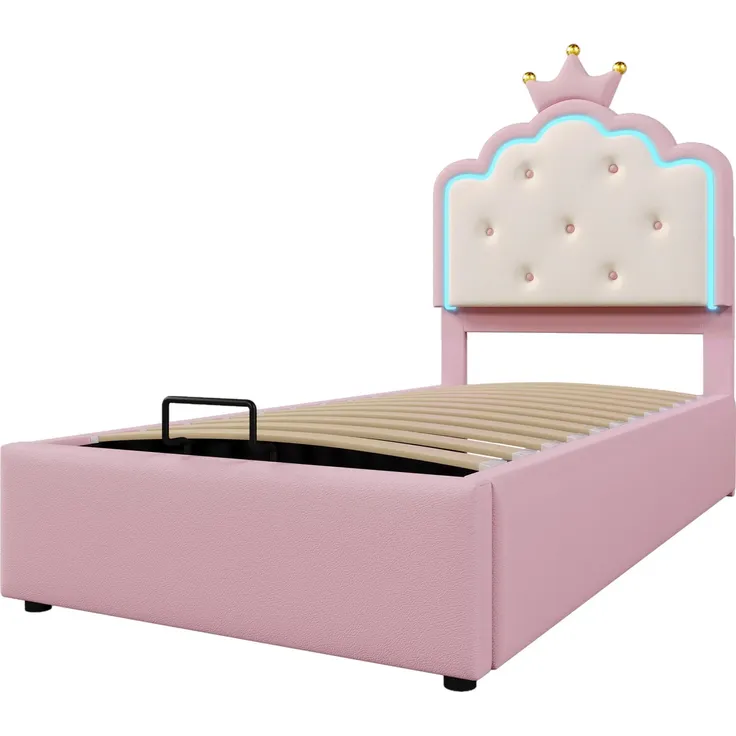 Prinzessinbett mit Stauraum und LED-Beleuchtung, 90x200 cm, Mädchenbett, Polsterbett für Mädchen, Einzelbett, Kunstleder – Bild 7