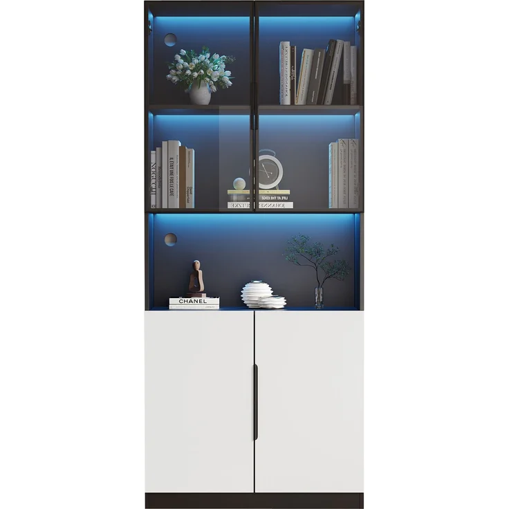 Moderne minimalistische Vitrine mit Glastüren, Vitrine mit LED-Leuchten, Bücherregal für Sammlerstücke, einstellbare Farbtemperatur und Helligkeit, weiße Türen mit schwarzer Dekoration, 30*160*200cm--Weiß--30x160x200cm--YOUDENOVA – Bild 5