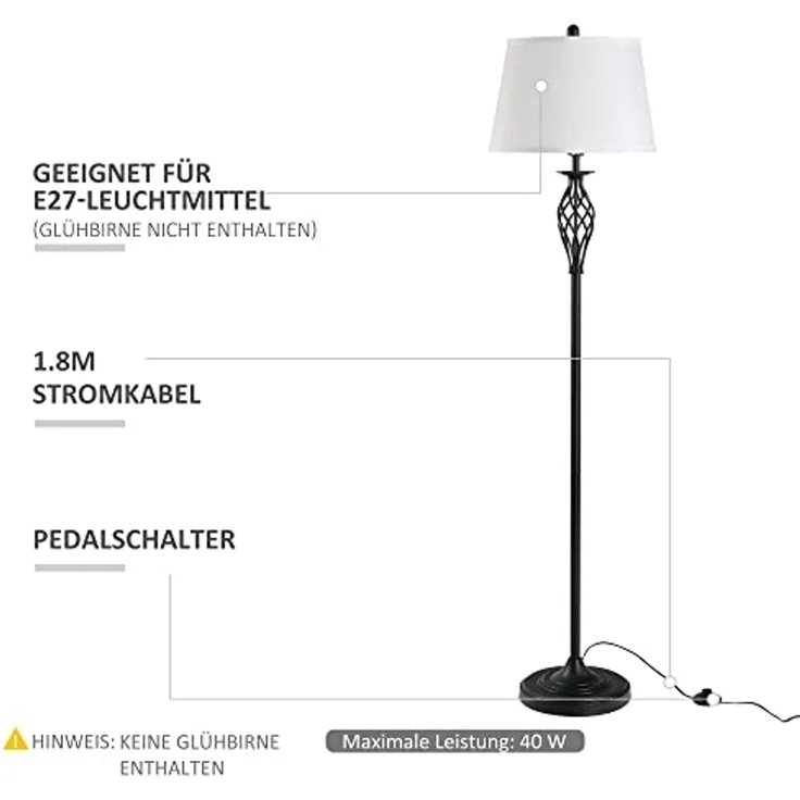 HOMCOM Stehlampe 3er-Lampenset 2 Tischlampe + 1 Stehlampe, Metall, PS, Polyester, Baumwolle, Vintage, Schwarz+Weiß – Bild 6