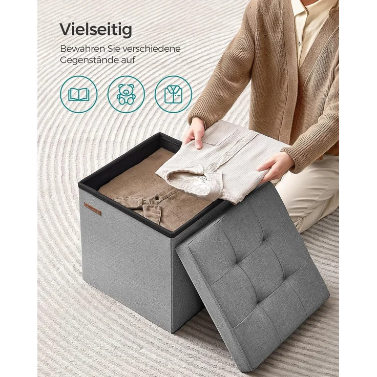 SONGMICS 38 cm Sitzbank mit Stauraum, klappbare Sitztruhe, Aufbewahrungsbox, Fußbank, Aschgrau LSF027G12 – Bild 5