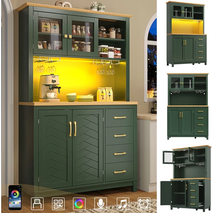 Seitenboard / Aufbewahrungsschrank / Küchenschrank / Buffetschrank, 105.5x40x180cm, Landhausstil, 4 Türen, mit LED-Lichtleiste & Getränkehaltern, Grün/Schwarz/Weiß--Grün--105.5x40x180cm--YOUDENOVA – Bild 2