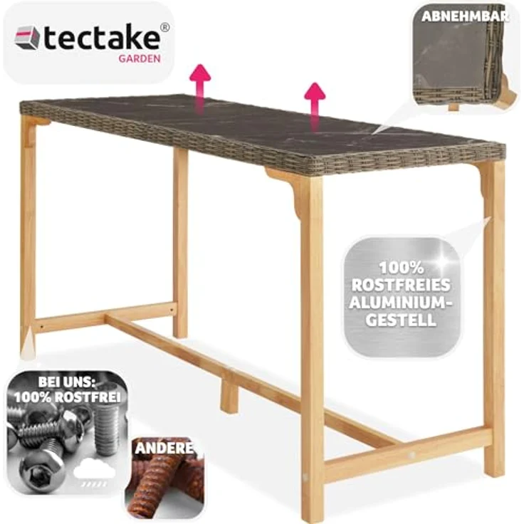 tectake Rattan-Bartisch Lovas, rechteckig, Natur, mit 2 abnehmbaren Feinsteinzeugplatten, 64.5x99.5x161 cm, Gartenmöbel – Bild 4