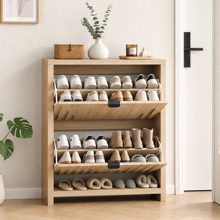 Schuhschrank 95x80x24 cm in Eichenoptik mit 2 Klappfächern – Bild 2