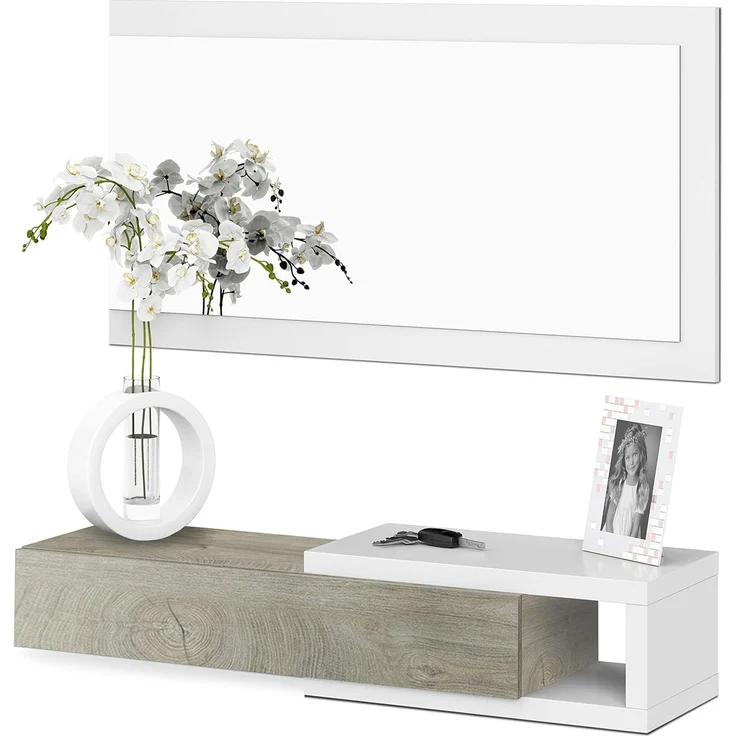 Flur mit Schublade und Spiegel, Eingangsmöbel, Modell Noon, Ausführung in Artik White und Alaska Oak, Maße: 95 cm (Breite) x 19 cm (Höhe) x 26 cm (Tiefe) – Bild 5