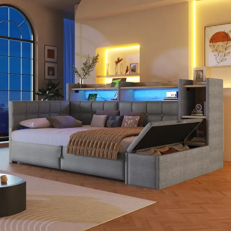 Stauraumbett mit LED-Beleuchtung, Bettkasten, Lattenrost, Regal und USB/Type-C Anschlüssen, 90x200 cm, Schlafsofa, Einzelbett, Jugendbett, Samt – Bild 2