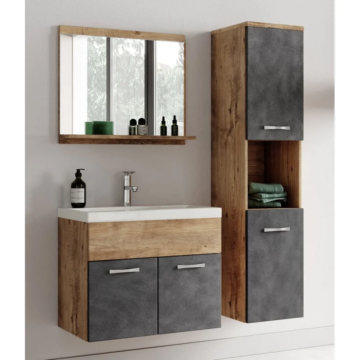 Badplaats Badmöbel Set mit Waschbecken und Unterschrank Montreal 01 60x35 cm Dunkel Grau mit Kastanien Eiche - Waschbeckenunterschrank mit Waschbecken – Bild 3