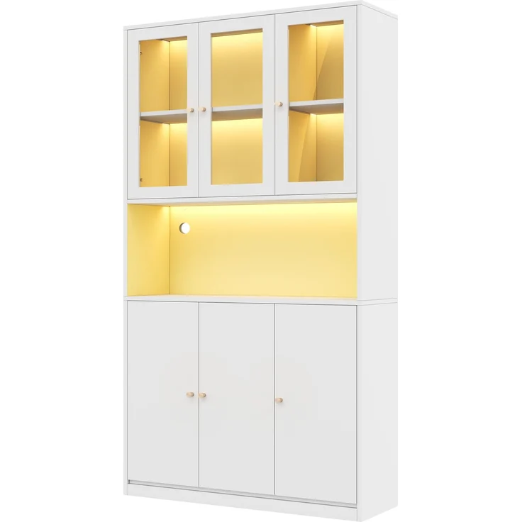 ZUBALIYA Bücherschrank 100×35×200 cm mit Glastüren und LED-Beleuchtung – Standregal mit Vitrine, offenem Fach und 3 Türen, Aktenschrank für Ordner und Bücher, Weiß – Bild 9