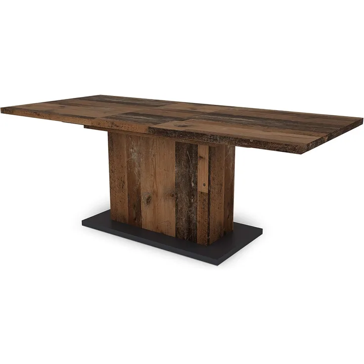 Esszimmertisch / in Old-Wood / großer Auszugstisch 160 cm bis 200 cm / Säulentisch mit Ausziehfunktion / Tisch mit Synchronauszug und Einlegeplatte / 160-200x90, H 75 cm